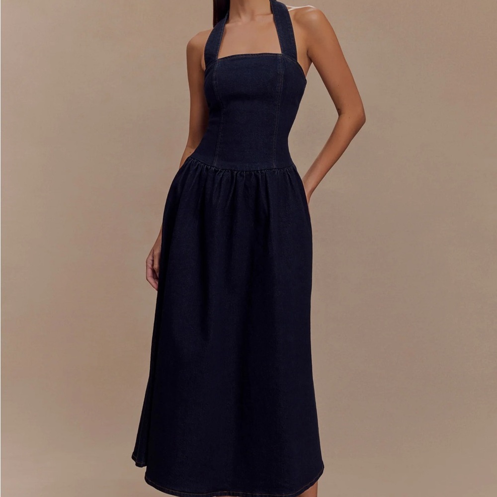 MESHKI Caroline denim halter midi dress